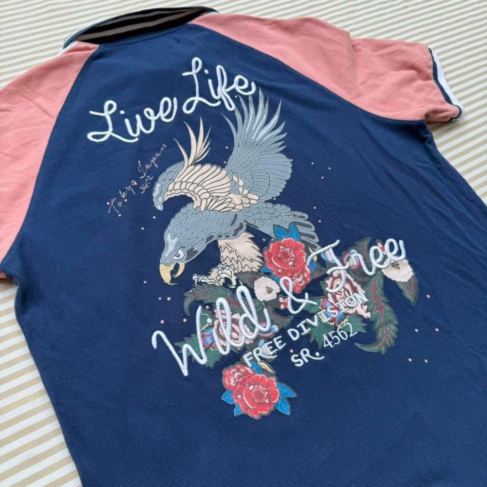 Hudson Outwear Polo Shirt‎ XL Eagle Embroidery Live Life Wild & Free Japan Style
